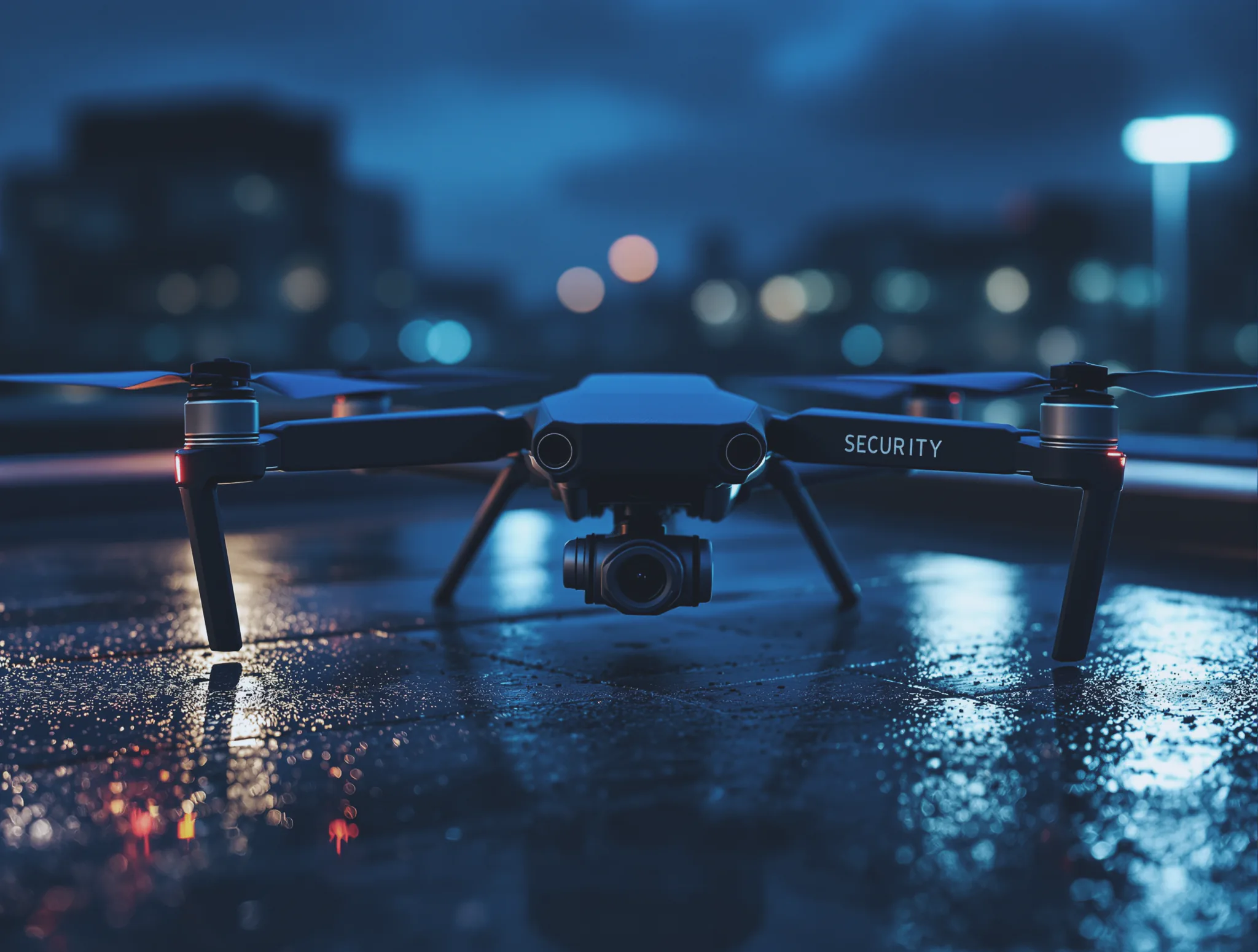 Aerial patrol drone in flight over a commercial property.