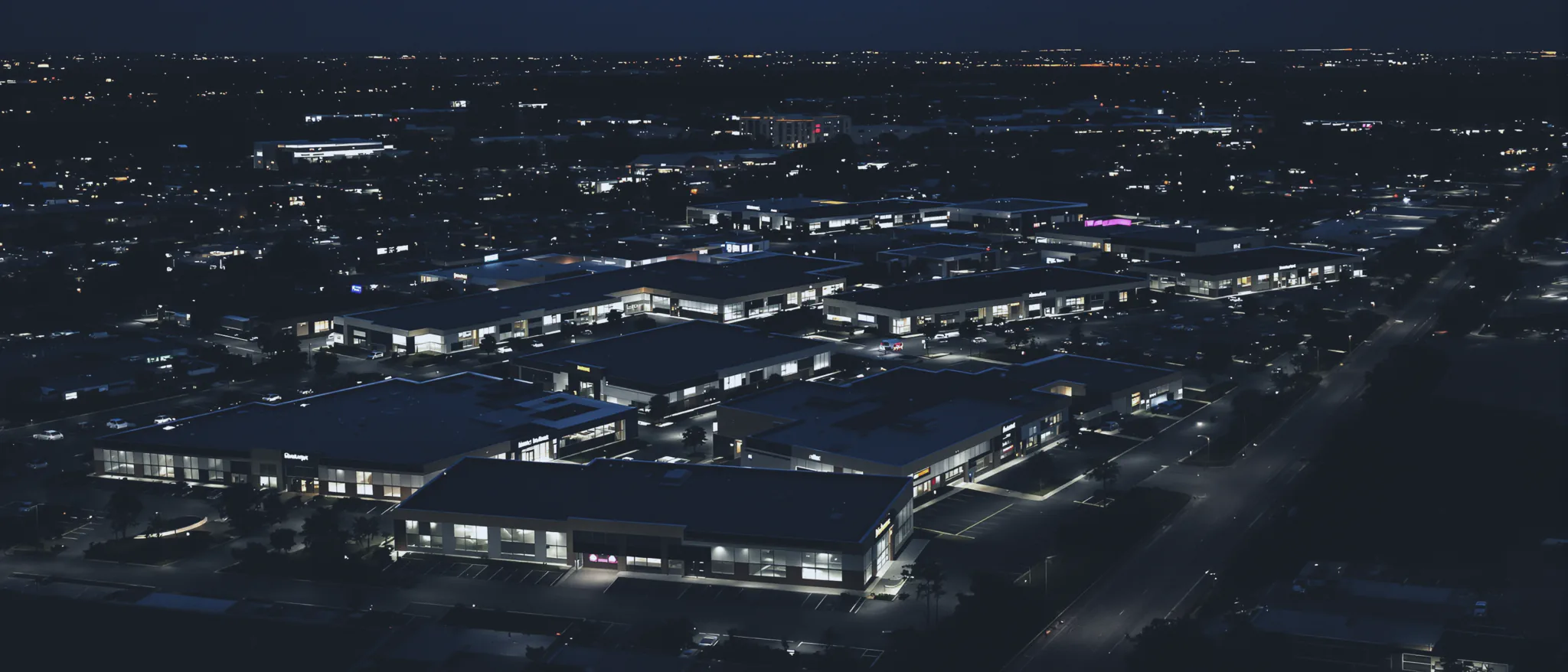 Aerial night view of a large active development site.