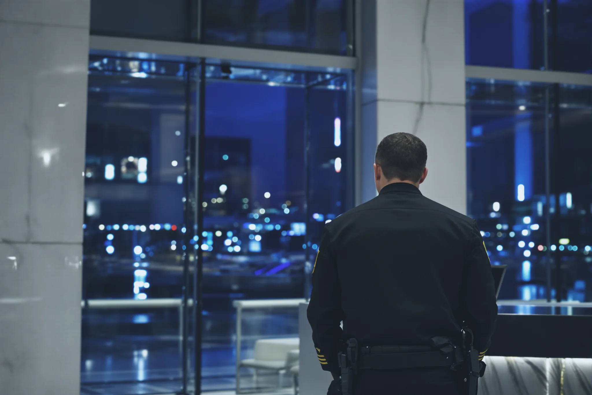 A Sentinel responder at the front desk of a modern office lobby at night.