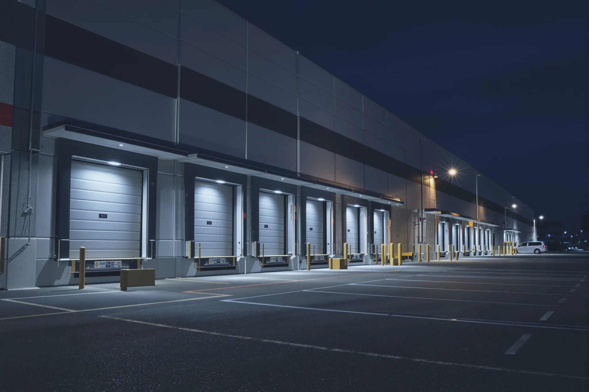 A lit industrial yard at night with stacked materials behind a security fence.