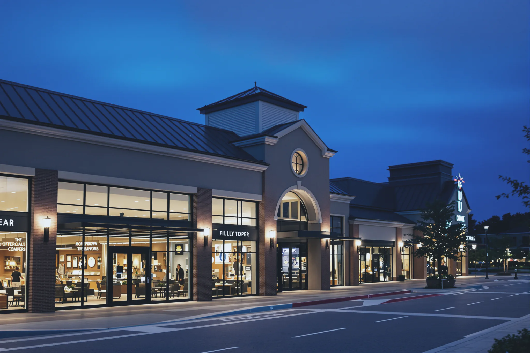 A retail center storefront row at night, lights on, lot empty.